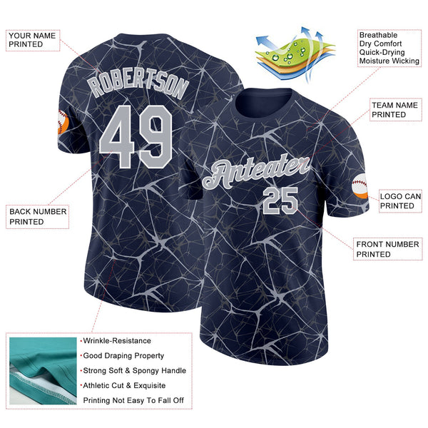 Custom Navy Gray-White Abstract Network Crackle Performance T-Shirt alternate