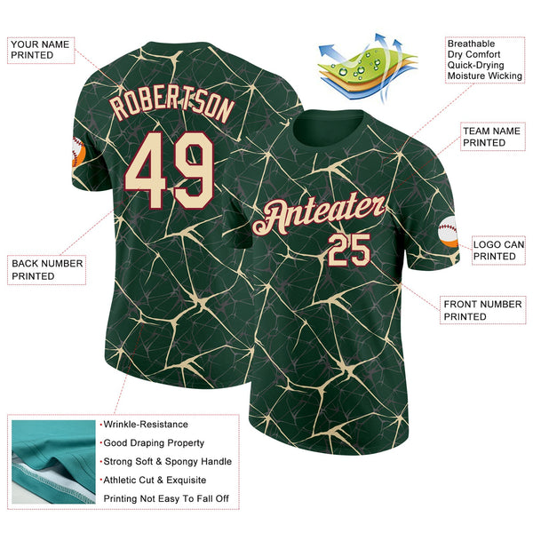 Custom Green Cream Gray-Crimson Abstract Network Crackle Performance T-Shirt alternate