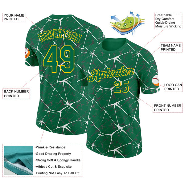 Custom Kelly Green White Gray-Yellow Abstract Network Crackle Performance T-Shirt alternate
