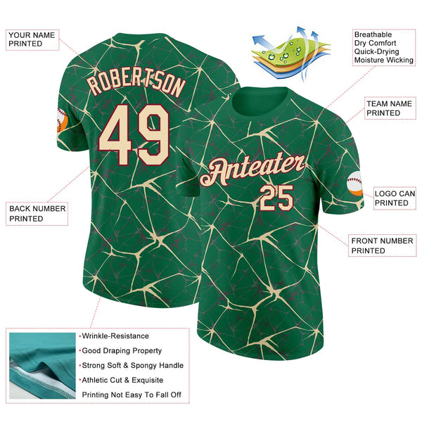 Custom Kelly Green Cream Gray-Crimson Abstract Network Crackle Performance T-Shirt alternate