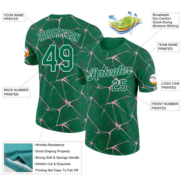 Custom Kelly Green Light Pink Gray-White Abstract Network Crackle Performance T-Shirt alternate