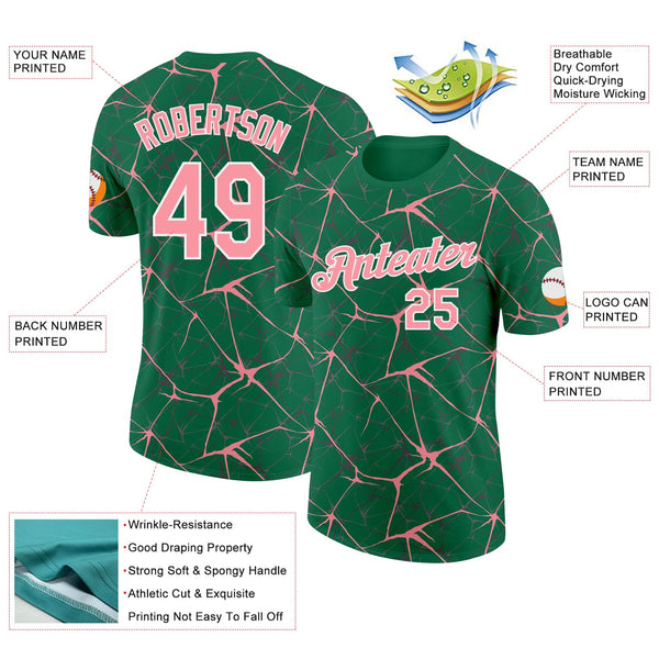 Custom Kelly Green Medium Pink Gray-White Abstract Network Crackle Performance T-Shirt alternate