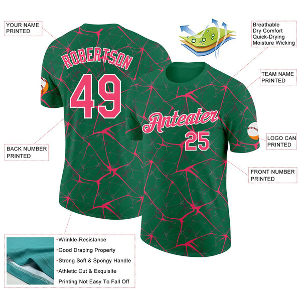 Custom Kelly Green Neon Pink Gray-White Abstract Network Crackle Performance T-Shirt alternate