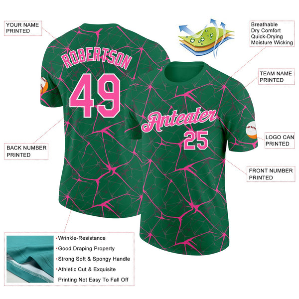 Custom Kelly Green Pink Gray-White Abstract Network Crackle Performance T-Shirt alternate