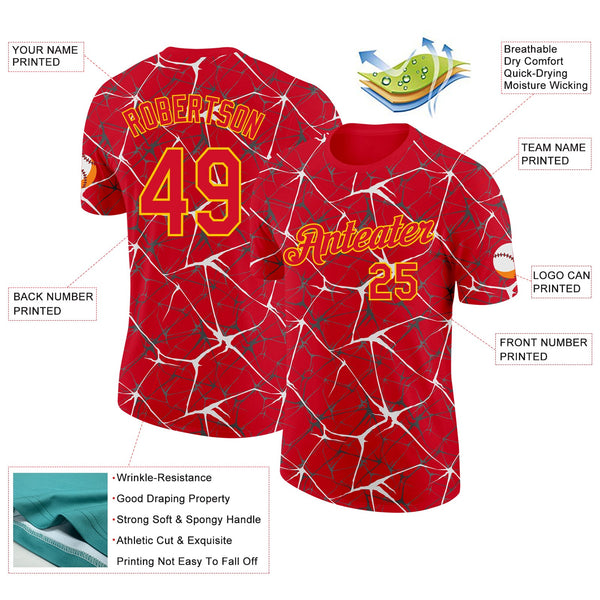 Custom Red White Gray-Yellow Abstract Network Crackle Performance T-Shirt alternate