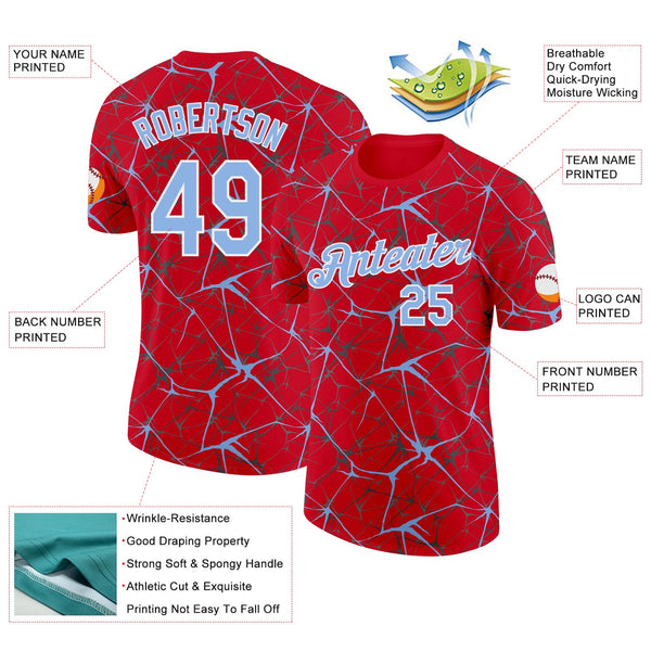 Custom Red Light Blue Gray-White Abstract Network Crackle Performance T-Shirt alternate