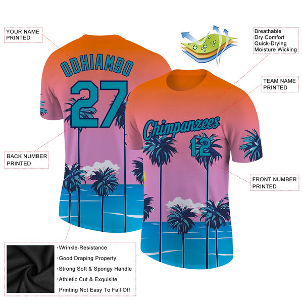 Custom Orange Teal-Navy 3D Pattern Design Sun Beach Hawaii Palm Trees Performance T-Shirt alternate