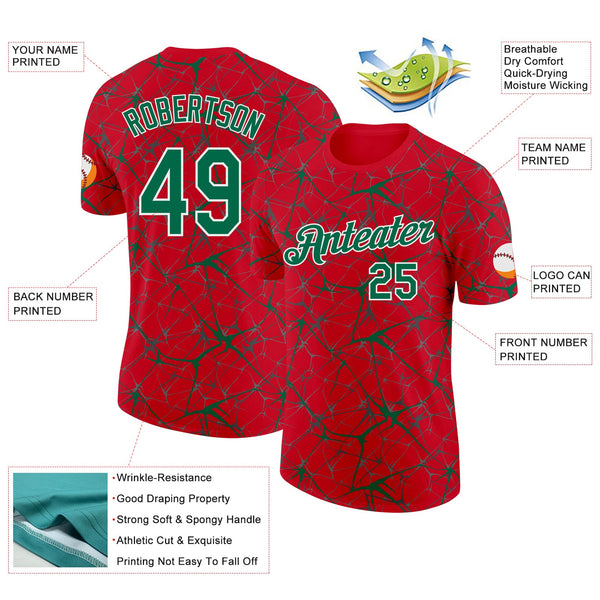 Custom Red Kelly Green Gray-White Abstract Network Crackle Performance T-Shirt alternate