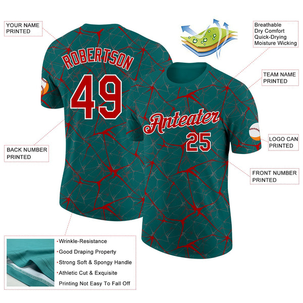 Custom Teal Red Gray-White Abstract Network Crackle Performance T-Shirt alternate