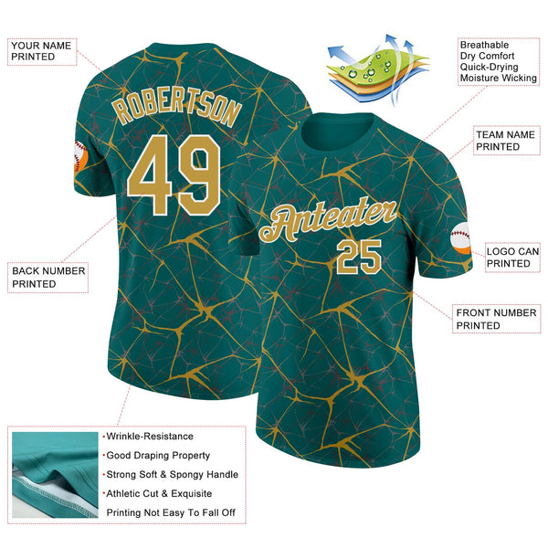 Custom Teal Old Gold Gray-White Abstract Network Crackle Performance T-Shirt alternate