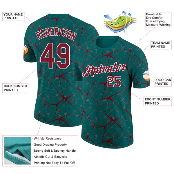 Custom Teal Crimson Gray-White Abstract Network Crackle Performance T-Shirt alternate