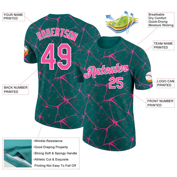 Custom Teal Pink Gray-White Abstract Network Crackle Performance T-Shirt alternate