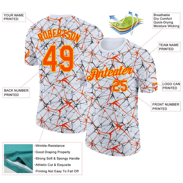 Custom White Orange Gray-Yellow Abstract Network Crackle Performance T-Shirt alternate