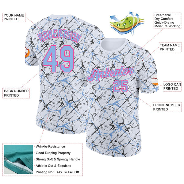 Custom White Light Blue Gray-Pink Abstract Network Crackle Performance T-Shirt alternate