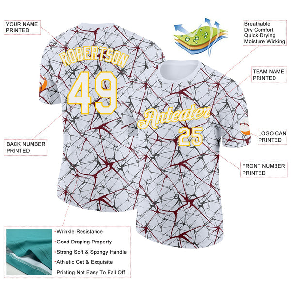 Custom White Burgundy Gray-Yellow Abstract Network Crackle Performance T-Shirt alternate