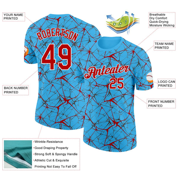 Custom Sky Blue Red Gray-White Abstract Network Crackle Performance T-Shirt alternate
