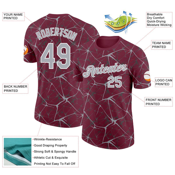 Custom Burgundy Gray-White Abstract Network Crackle Performance T-Shirt alternate