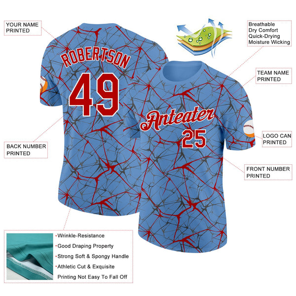 Custom Light Blue Red Gray-White Abstract Network Crackle Performance T-Shirt alternate