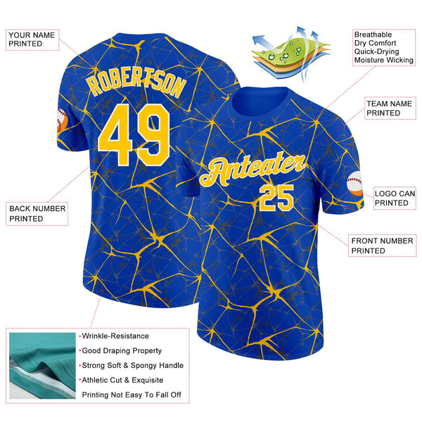 Custom Thunder Blue Yellow Gray-White Abstract Network Crackle Performance T-Shirt alternate