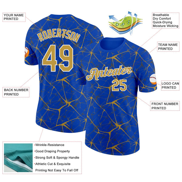 Custom Thunder Blue Old Gold Gray-White Abstract Network Crackle Performance T-Shirt alternate