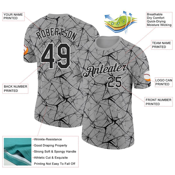 Custom Gray Black-White Abstract Network Crackle Performance T-Shirt alternate