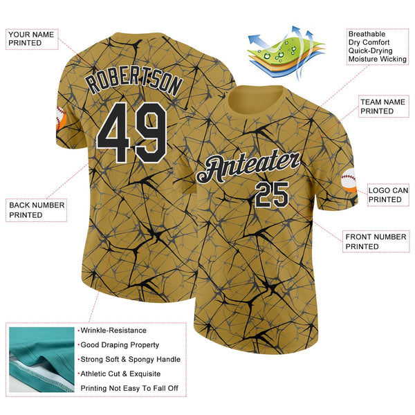 Custom Old Gold Black Gray-White Abstract Network Crackle Performance T-Shirt alternate