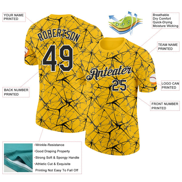 Custom Yellow Black Gray-White Abstract Network Crackle Performance T-Shirt alternate