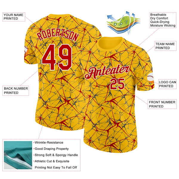 Custom Yellow Red Gray-White Abstract Network Crackle Performance T-Shirt alternate