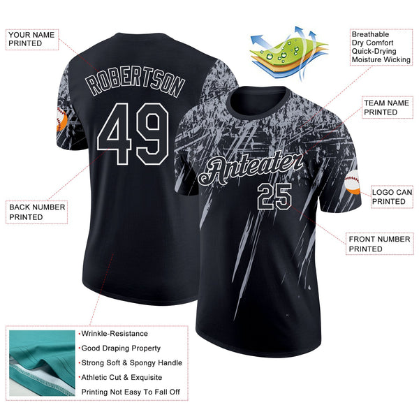 Custom Black Gray-White Distressed Scratch Brush Stroke Performance T-Shirt alternate