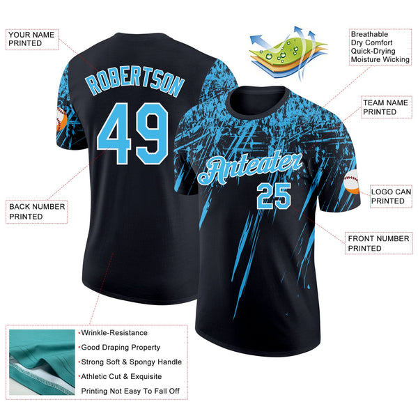 Custom Black Sky Blue-White Distressed Scratch Brush Stroke Performance T-Shirt alternate