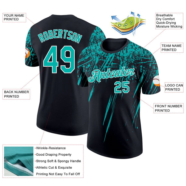 Custom Black Aqua-White Distressed Scratch Brush Stroke Performance T-Shirt alternate