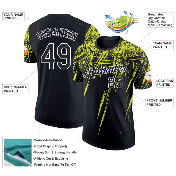 Custom Black Neon Yellow-White Distressed Scratch Brush Stroke Performance T-Shirt alternate