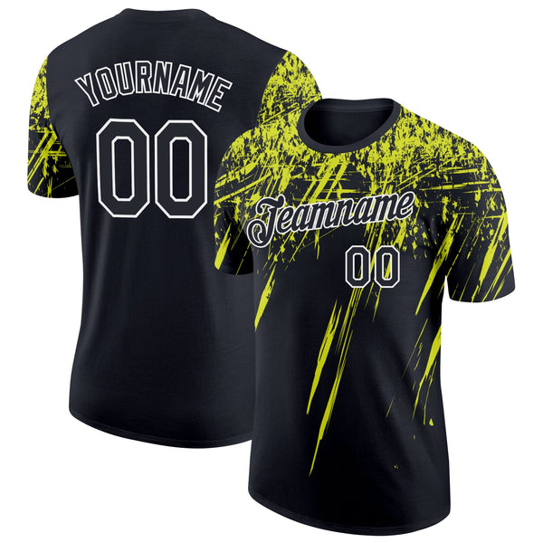 Custom Black Neon Yellow-White Distressed Scratch Brush Stroke Performance T-Shirt