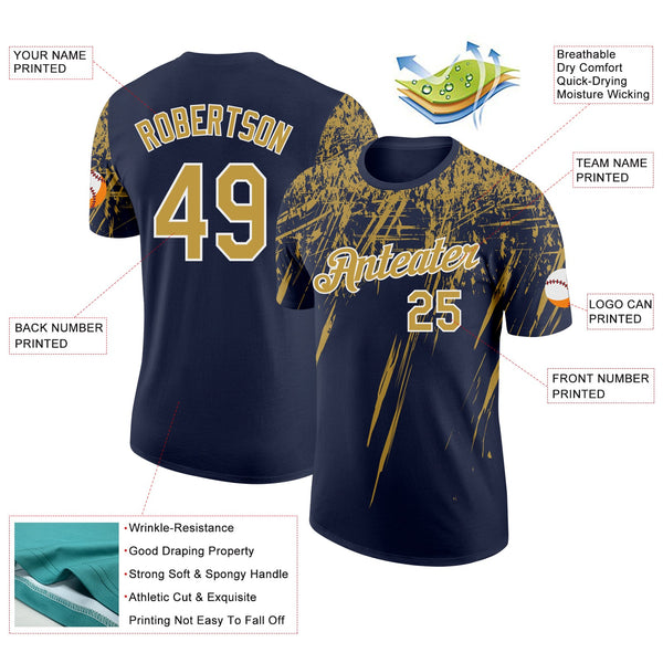 Custom Navy Old Gold-White Distressed Scratch Brush Stroke Performance T-Shirt alternate