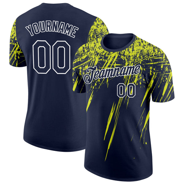 Custom Navy Neon Yellow-White Distressed Scratch Brush Stroke Performance T-Shirt