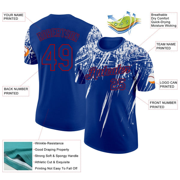 Custom Royal White-Red Distressed Scratch Brush Stroke Performance T-Shirt alternate