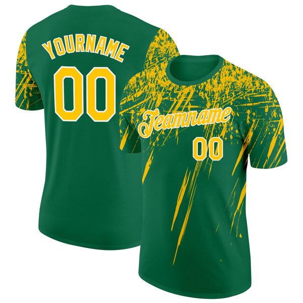 Custom Kelly Green Yellow-White Distressed Scratch Brush Stroke Performance T-Shirt