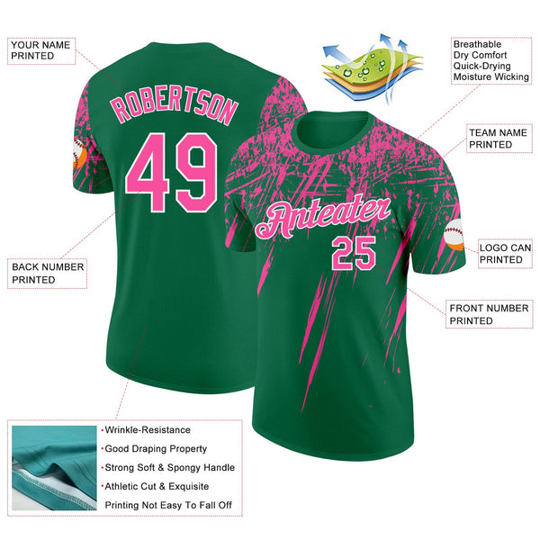 Custom Kelly Green Pink-White Distressed Scratch Brush Stroke Performance T-Shirt alternate