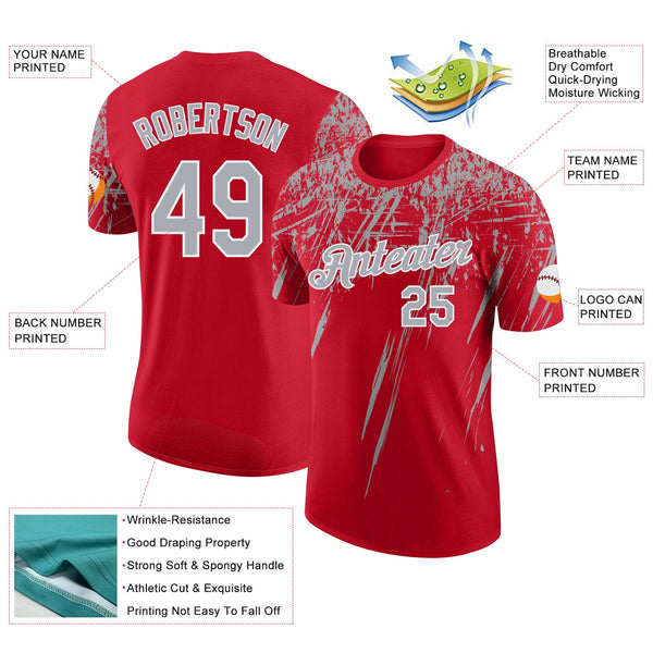Custom Red Gray-White Distressed Scratch Brush Stroke Performance T-Shirt alternate