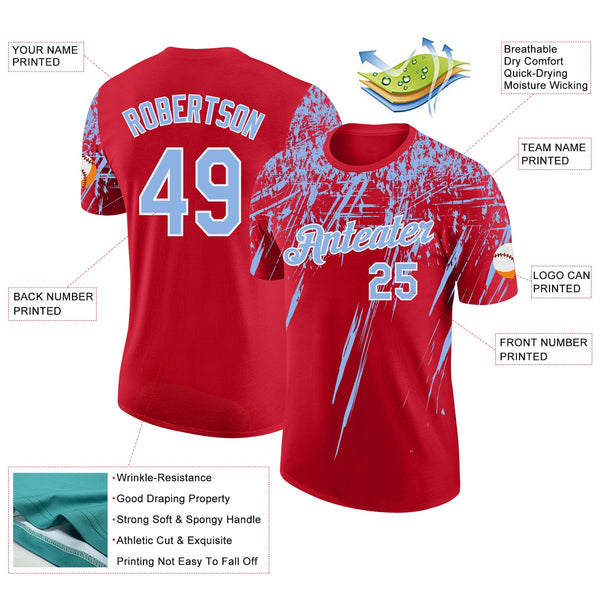 Custom Red Light Blue-White Distressed Scratch Brush Stroke Performance T-Shirt alternate