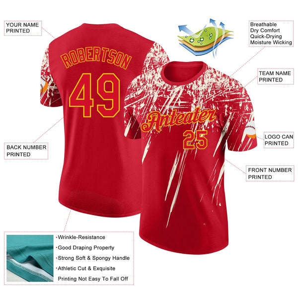 Custom Red Cream-Yellow Distressed Scratch Brush Stroke Performance T-Shirt alternate