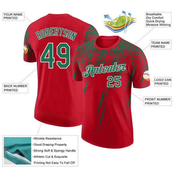 Custom Red Kelly Green-White Distressed Scratch Brush Stroke Performance T-Shirt alternate
