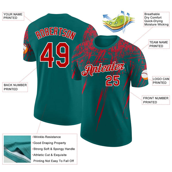 Custom Teal Red-White Distressed Scratch Brush Stroke Performance T-Shirt alternate