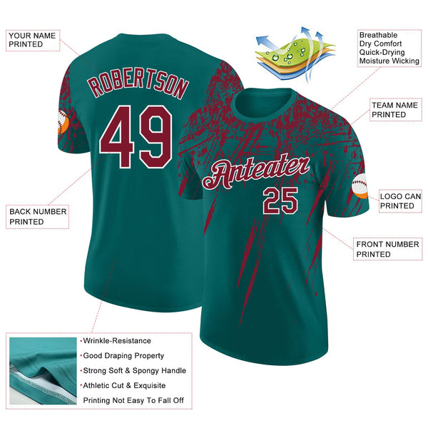 Custom Teal Crimson-White Distressed Scratch Brush Stroke Performance T-Shirt alternate