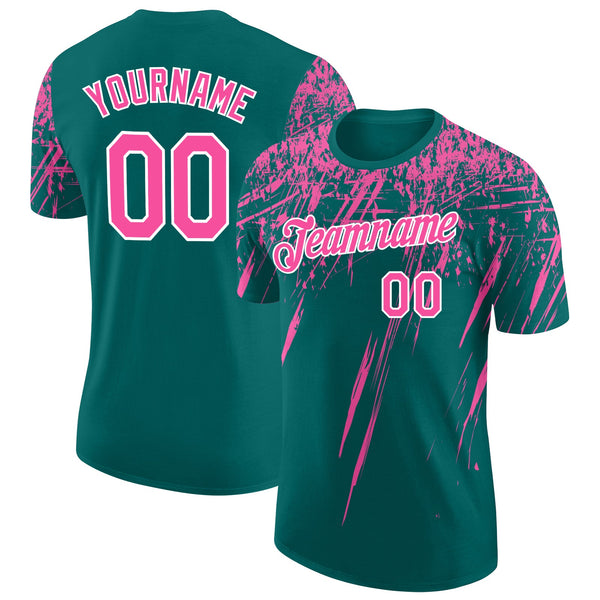 Custom Teal Pink-White Distressed Scratch Brush Stroke Performance T-Shirt