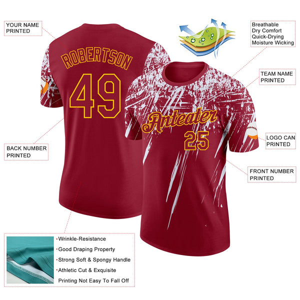 Custom Crimson White-Yellow Distressed Scratch Brush Stroke Performance T-Shirt alternate