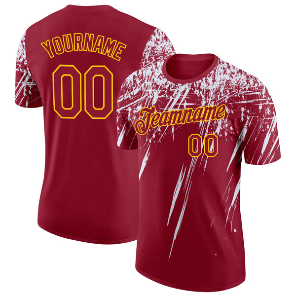 Custom Crimson White-Yellow Distressed Scratch Brush Stroke Performance T-Shirt