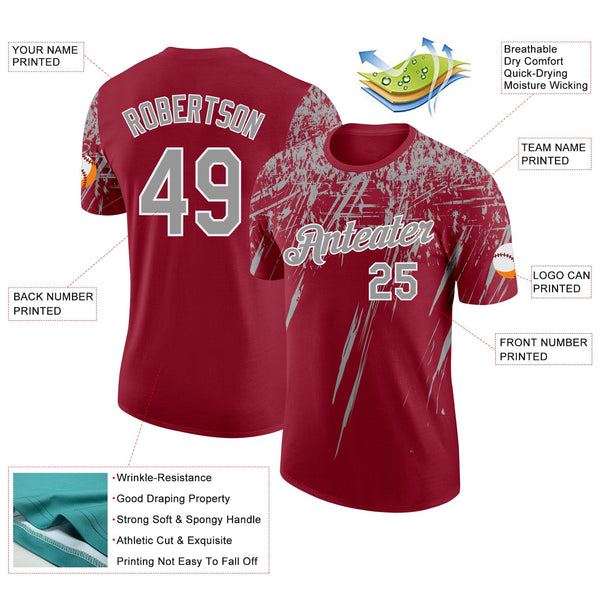 Custom Crimson Gray-White Distressed Scratch Brush Stroke Performance T-Shirt alternate