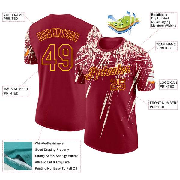 Custom Crimson Cream-Yellow Distressed Scratch Brush Stroke Performance T-Shirt alternate