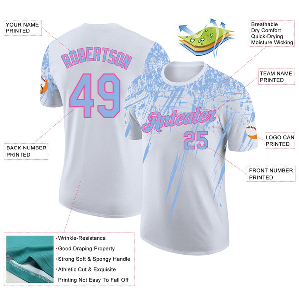 Custom White Light Blue-Pink Distressed Scratch Brush Stroke Performance T-Shirt alternate